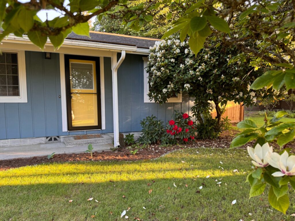 fresh house paint blue house with yellow door